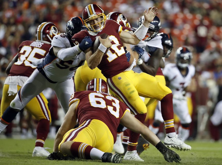 Denver Broncos linebacker Shane Ray (56) sacks Washington Redskins quarterback Colt McCoy (12) during the second half of a preseason NFL football game Friday, Aug. 24, 2018, in Landover, Md. (AP Photo/Alex Brandon) **FILE**