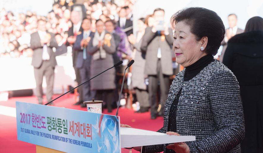 Dr. Hak Ja Han Moon, who founded The Washington Times alongside her husband, the late Rev. Sun Myung, delivered the keynote address at the Global Rally for the Reunification of Korea at Seoul’s World Cup Stadium. (PHOTO CREDIT: HSA-UWC) (sponsored)