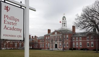 FILE - In this April 11, 2016 photo, part of the campus of the prestigious Phillips Exeter Academy is seen in Exeter, N.H. Reports released Friday, Aug. 24, 2018, following outside investigations into sexual assault allegations at the prep school identified 11 former staff members who were accused of abusing students over several decades. (AP Photo/Jim Cole, File)