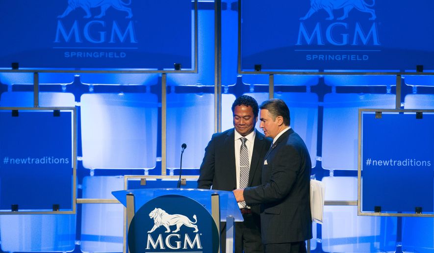 Springfield Mayor Domenic J. Sarno, right, and MGM Springfield President Michael C. Mathis at a press conference for the grand opening of the $960 million casino Thursday, Aug. 23, 2018, in Springfield, Mass. (Greg Saulmon /The Republican via AP)
