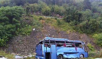 In this handout photo provided by the Bulgarian Interior Ministry, a view of a bus that crashed and overturned, near the town of Svoge, Saturday, Aug. 25, 2018.  Bulgaria&#39;s health minister says a tourist bus has flipped over on a highway near Sofia, the capital, killing at least 15 people and leaving 27 others injured. Police said a bus carrying tourists on a weekend trip to a nearby resort overturned and then fell down a side road 20 meters (66 feet) below the highway. (Bulgarian Interior Ministry via AP)