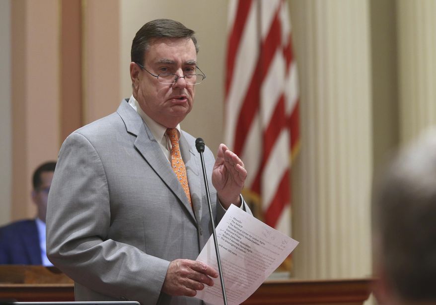 FILE - In this Aug. 21, 2018, file photo, state Sen. Joel Anderson, R-Alpine, speaks at the Capitol in Sacramento, Calif. A lobbyist for the California Nurses Association has filed a complaint with the California Senate alleging Anderson threatened her with violence at a Sacramento restaurant Aug. 13, 2018. The close of the California legislative session brings a flurry of parties and after-work events, which have been the scene of some sexual misconduct allegations that surfaced after the #MeToo reckoning hit the California capitol last fall. (AP Photo/Rich Pedroncelli, File)
