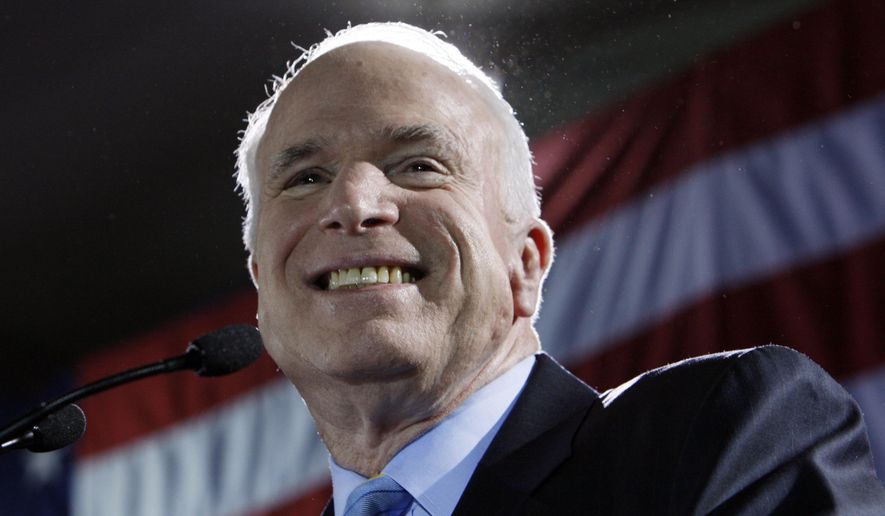 FILE - In this Jan. 29, 2008, file photo, Republican presidential hopeful Sen. John McCain, R-Ariz., celebrates in Miami after winning the Florida Republican presidential primary. Aide says senator, war hero and GOP presidential candidate McCain died Saturday, Aug. 25, 2018. He was 81. (AP Photo/Charles Dharapak, File)