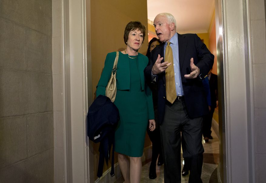 Sen. John McCain, R-Ariz., right, talks with Sen. Susan Collins, R-Maine, after arriving on Capitol Hill in Washington, Friday, Oct. 11, 2013, following after a meeting between Republican senators and President Obama at the White House on the ongoing budget battle. Republicans from the House of Representatives were offering to pass legislation to avert a potentially catastrophic default and end the 11-day partial government shutdown as part of a framework that would include cuts in benefit programs, officials said Friday. But the impasse was not yet over. (AP Photo/ Evan Vucci)