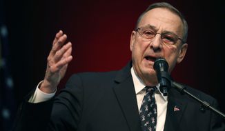 FILE- In this May 5, 2018, file photo Gov. Paul LePage speaks at the Republican Convention in Augusta, Maine. LePage has appointed the spokesman for a St. Croix River pulp and tissue mill to an international commission that protects the river’s corridor. (AP Photo/Robert F. Bukaty, File)