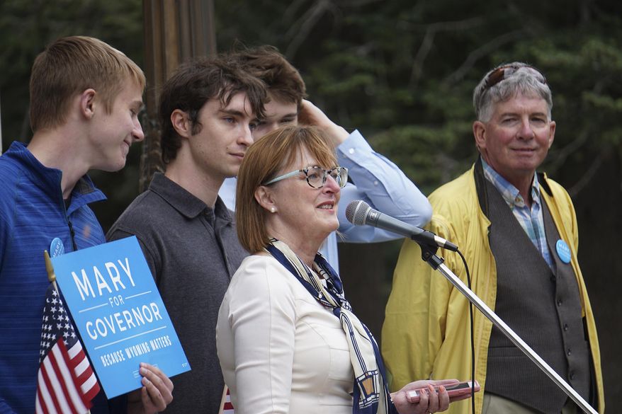 File - In this May 29, 2018 file photo, Wyoming Democratic candidate for governor Mary Throne speaks at a campaign rally in Cheyenne, Wyoming. Throne is Wyoming Democrats' best-known gubernatorial candidate and best shot at reclaiming the governor's office in a dozen years. (AP Photo/Mead Gruver, File)