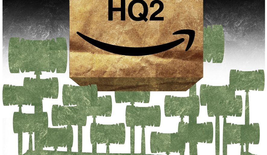 Illustration on Amazon's national HQ search and the litigation factor by Alexander Hunter/The Washington Times