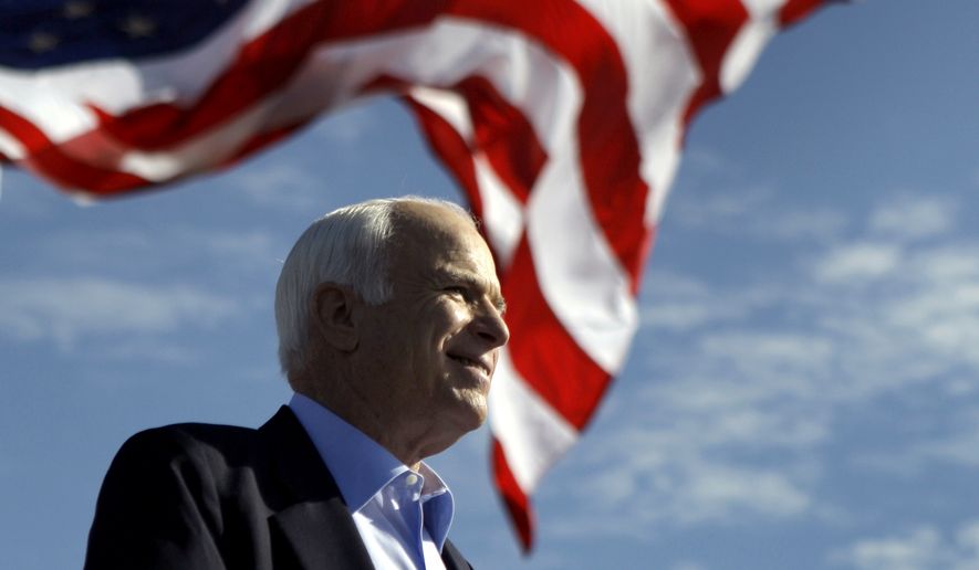 Republican presidential candidate Sen. John McCain, R-Ariz. speaks at a rally outside Raymond James Stadium in Tampa, Fla., Monday, Nov. 3, 2008. (AP Photo/Carolyn Kaster))