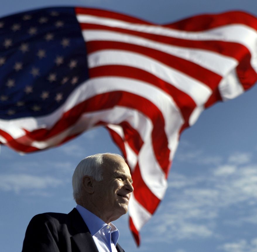 Republican presidential candidate Sen. John McCain, R-Ariz. speaks at a rally outside Raymond James Stadium in Tampa, Fla., Monday, Nov. 3, 2008. (AP Photo/Carolyn Kaster))