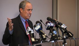 Lanny Davis, attorney for Pennsylvania Attorney General Kathleen Kane talks to members of the media during a news conference on Saturday Jan. 10, 2015, in Philadelphia. Davis discussed an investigation that could end with Kane facing criminal charges over a grand jury leak. Davis vows that Kane will be vindicated, whether or not she is charged. (AP Photo/ Joseph Kaczmarek)
