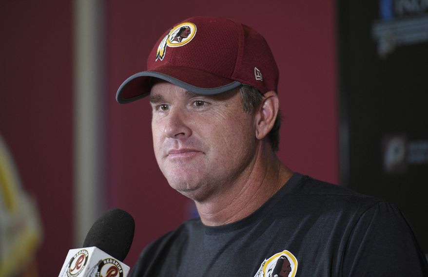 Washington Redskins head coach Jay Gruden listens to a question from the media after an NFL football team practice, Wednesday, June 13, 2018, in Ashburn, Va. (AP Photo/Nick Wass) ** FILE **
