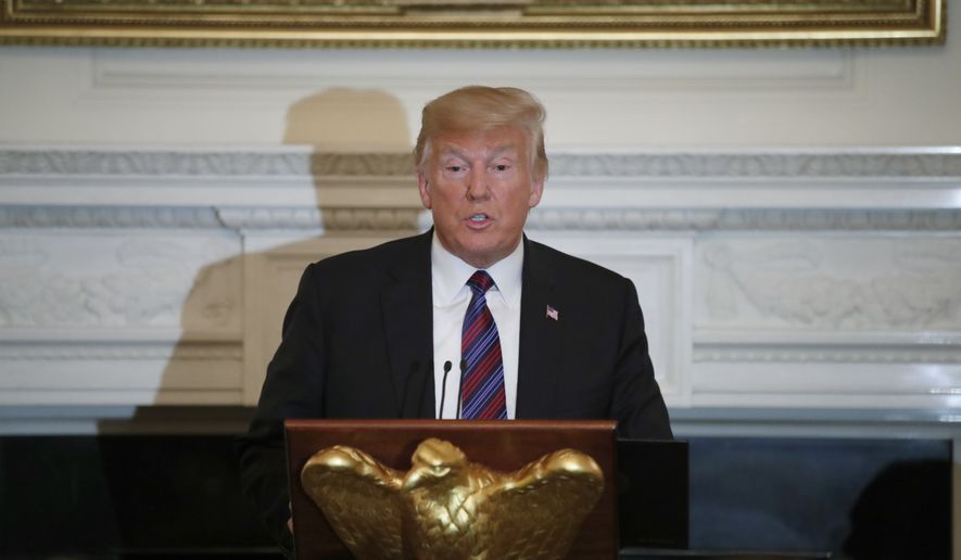 President Donald Trump speaks during a dinner for evangelical leaders in the State Dining Room of the White House, Monday, Aug. 27, 2018, in Washington. (AP Photo/Alex Brandon)