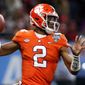 FILE - In this Jan. 1, 2018, file photo, Clemson quarterback Kelly Bryant (2) passes in the first half of the Sugar Bowl NCAA college football bowl game against Alabama, in New Orleans. Veteran Kelly Bryant is Clemson&#x27;s starting quarterback, holding off promising freshman Trevor Lawrence. The second-ranked Tigers open the season Saturday at home against Furman. The team released its first depth chart Monday, Aug. 27, 2018, with Bryant on top in the closely watched competition. (AP Photo/Rusty Costanza, File)