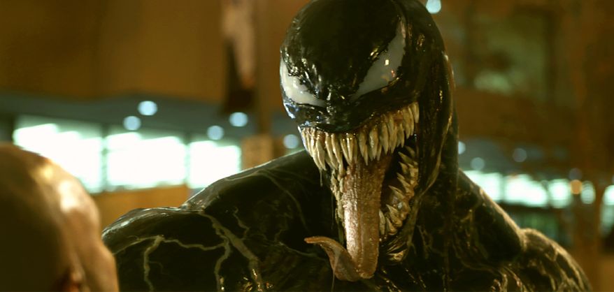 This image released by Sony Pictures shows a scene from "Venom," in theaters on Oct. 5. (Sony Pictures via AP)