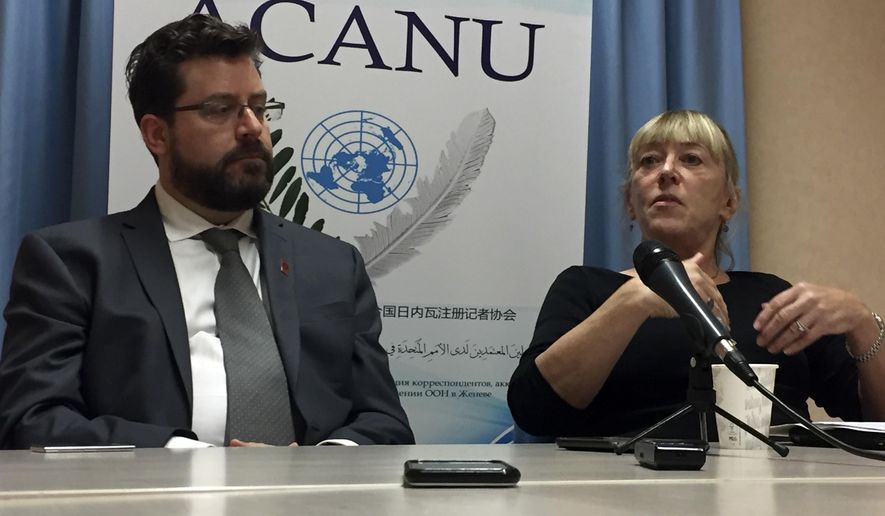 Peter Asaro, left, of the International Committee for Robot Arms Control, and Jody Williams of the Nobel Women&#39;s Initiative speak to reporters at a news conference in Geneva, Switzerland, Monday, Aug. 27, 2018. Experts from scores of countries are meeting to discuss ways to define and deal with &amp;quot;killer robots&amp;quot;, futuristic weapons systems that could conduct war without human intervention. (AP Photo/Jamey Keaten)