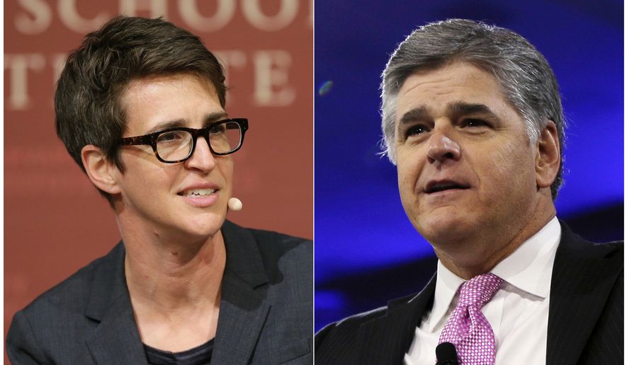 This combination photo shows MSNBC television anchor Rachel Maddow, host of &quot;The Rachel Maddow Show,&quot; moderating a panel at Harvard University, in Cambridge, Mass. on Oct. 16, 2017 , left, and Sean Hannity of Fox News at the Conservative Political Action Conference (CPAC) in National Harbor, Md. on March 4, 2016. A generation ago, the likes of Walter Cronkite, Peter Jennings and Diane Sawyer were the heroes of television news. Now the biggest stars are arguably Sean Hannity and Rachel Maddow. Old lines between journalism and commentary are growing fuzzier with traditional media guideposts stripped away by technology and new business models. (AP Photo)