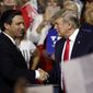 FILE - In this July 31, 2018, file photo, President Donald Trump, right, shakes hands with Florida Republican gubernatorial candidate Ron DeSantis during a rally in Tampa, Fla. Florida voters are going to the polls, Tuesday, Aug. 28, 2018, to select nominees to replace Republican Gov. Rick Scott in an election that’s caught the attention of Trump. (AP Photo/Chris O&#39;Meara, File)