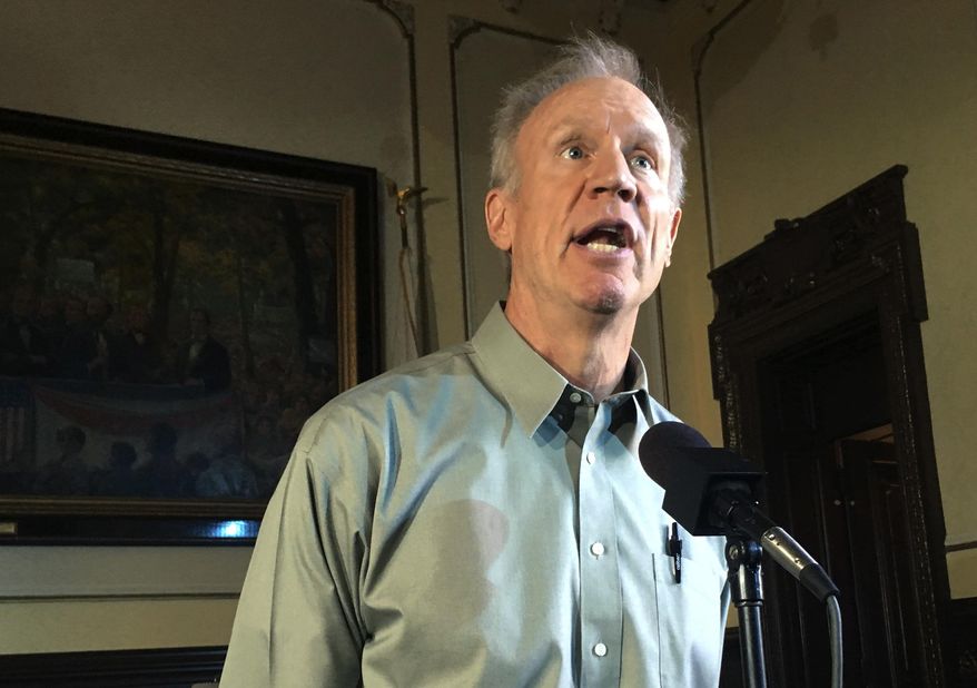 FILE - In this Aug. 9, 2018, file photo, Gov. Bruce Rauner speaks during a news conference in Springfield, Ill. Rauner on Tuesday, Aug. 28, 2018, defended his veto of legislation to hasten paperwork to help immigrant crime victims stay in the U.S. despite earlier approving welfare for immigrants similarly situated. (AP Photo/John O'Connor, File)