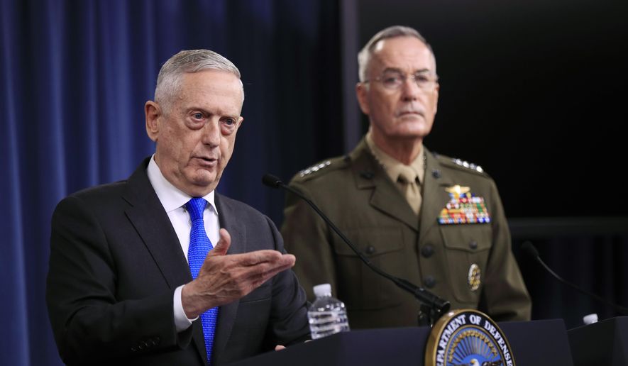 Secretary of Defense Jim Mattis, left, and Chairman of the Joint Chiefs of Staff, Marine Gen. Joseph Dunford speak to reporters during a news conference at the Pentagon, Tuesday, Aug. 28, 2018, in Washington. (AP Photo/Manuel Balce Ceneta) ** FILE **