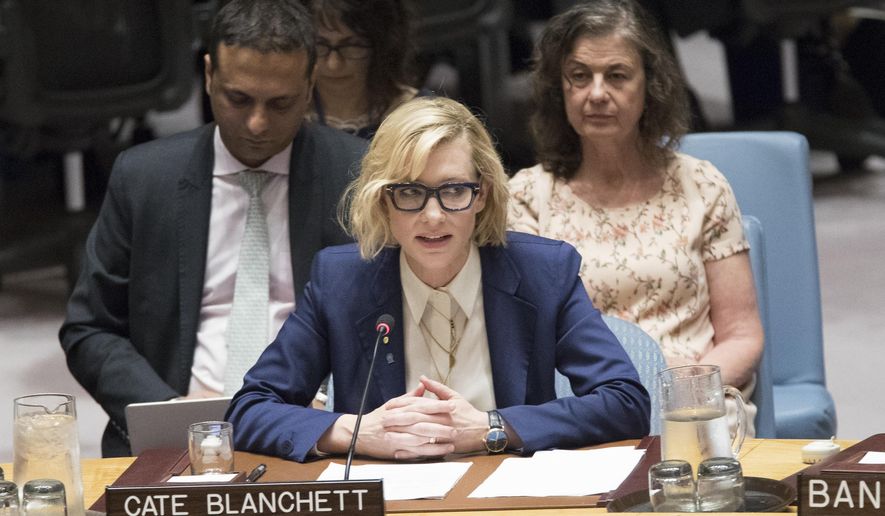 United Nations High Commissioner for Refugees Goodwill Ambassador Cate Blanchett during a Security Council meeting on the situation in the Myanmar, Tuesday, Aug. 28, 2018 at United Nations headquarters. (AP Photo/Mary Altaffer)