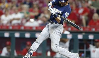 Milwaukee Brewers&#39; Christian Yelich hits a double off Cincinnati Reds relief pitcher Michael Lorenzen during the sixth inning of a baseball game Wednesday, Aug. 29, 2018, in Cincinnati. (AP Photo/Gary Landers)