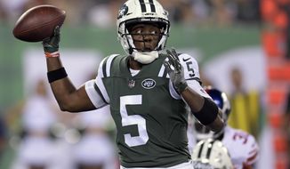 FILE - In this Friday, Aug. 24, 2018 file photo, New York Jets quarterback Teddy Bridgewater (5) passes against the New York Giants during the third quarter of a preseason NFL football game in East Rutherford, N.J. A person familiar with the situation says the New Orleans Saints have agreed to acquire veteran quarterback Teddy Bridgewater from the New York Jets for a draft pick, Wednesday, Aug. 29, 2018. (AP Photo/Bill Kostroun, File)