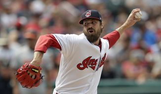 FILE - In this Sunday, Aug. 19, 2018 file photo,Cleveland Indians relief pitcher Andrew Miller delivers in the seventh inning of a baseball game against the Baltimore Orioles in Cleveland. The Cleveland Indians have placed valuable reliever Andrew Miller on the disabled list with a left shoulder impingement, Wednesday, Aug. 29, 2018. (AP Photo/Tony Dejak, File)