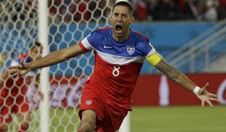 FILE - In this June 16, 2014, file photo, United States&#39; Clint Dempsey celebrates after scoring the opening goal during the group G World Cup soccer match between Ghana and the United States at the Arena das Dunas in Natal, Brazil. Former U.S. national team captain and Seattle Sounders striker Clint Dempsey has announced his retirement, effective immediately. In a statement issued Wednesday, Aug. 29, 2018, by the Sounders, the 35-year-old Dempsey said he believes it&#39;s the right time to step away from the game. (AP Photo/Ricardo Mazalan)
