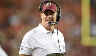 File-This Aug. 24, 2018, file photo shows Washington Redskins head coach Jay Gruden reacting during the first half of a preseason NFL football game against the Denver Broncos, in Landover, Md. The Redskins are 0-4 in season openers under Gruden, who was also criticized for their performance in a potential win-and-get-in game against the New York Giants who had nothing to play for in Week 17 in 2016.  (AP Photo/Nick Wass, File)
