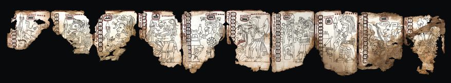 This undated photo released by Mexico's National Anthropology and History Institute (INAH) shows an ancient Maya pictographic text that has been judged authentic by scholars in Mexico City. The INAH says it was made between 1021 and 1154 A.D., is the oldest known pre-Hispanic text, and will now be known as the "Mexico Maya Codex," after known as the "Grolier Codex." (INAH via AP)