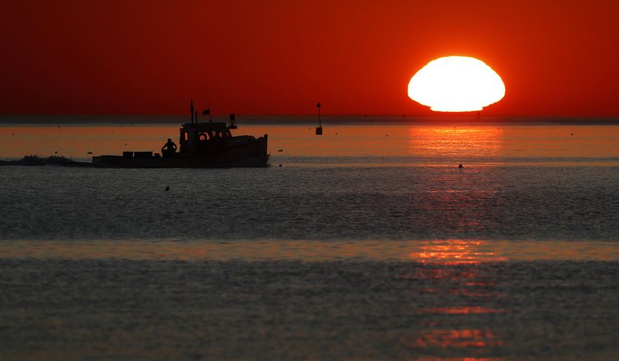 FILE - In this Sept. 13, 2017, file photo, a lobster fishing boat heads out to sea at sunrise off shore from Portland, Maine. New 2018 data indicates that the Gulf of Maine, one of the fastest warming bodies of water in the world, is in the midst of an all-time hot stretch. (AP Photo/Robert F. Bukaty, File)