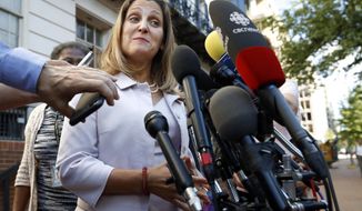 Canada&#39;s Foreign Affairs Minister Chrystia Freeland speaks to the media as she arrives for trade talks at the Office of the United States Trade Representative, Thursday, Aug. 30, 2018, in Washington. (AP Photo/Jacquelyn Martin)