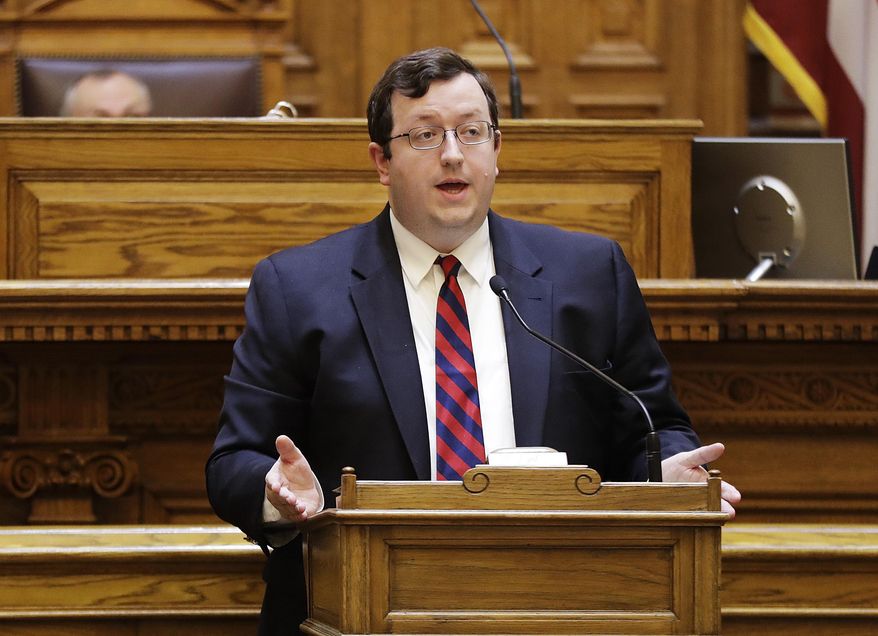 FILE - In this March 28, 2017, file photo, state Sen. Josh McKoon, R - Columbus, speaks at the Capitol in Atlanta. A mix of activists, politicians and watchdog groups from across the partisan spectrum are joining forces to fight the influence of so-called "dark money" in Georgia politics. Sen. McKoons and others aim to monitor spending by outside groups in the November election and draft proposed legislation to strengthen Georgia's campaign finance laws.(AP Photo/David Goldman, File)