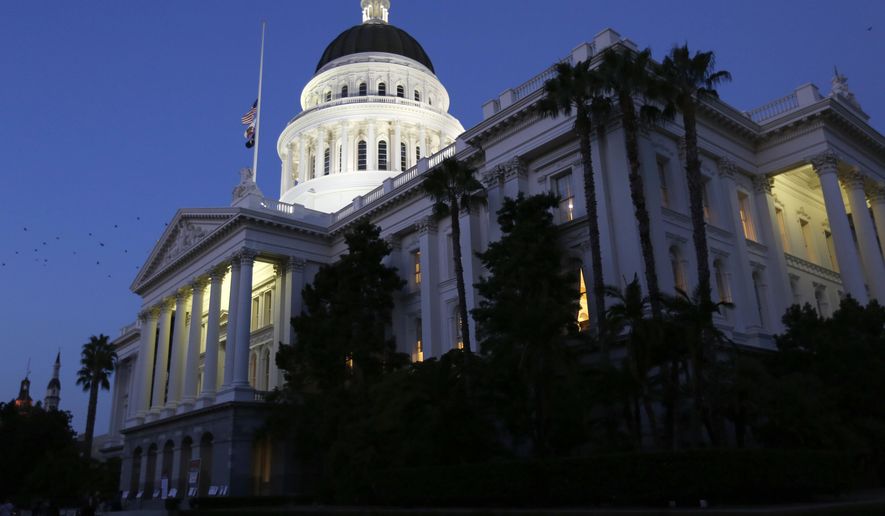 The lights of the Capitol dome shine as lawmakers work into the night Friday, Aug. 31, 2018, in Sacramento, Calif. Friday is the final day for California lawmakers to consider bills before they adjourn until after the November elections. (AP Photo/Rich Pedroncelli)