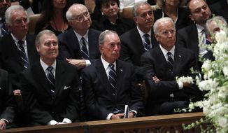 Front from left, former Defense Secretary William Cohen, former New York Mayor Michael Bloomberg and former Vice President Joe Biden listen during a memorial service for Sen. John McCain, R-Ariz., at Washington National Cathedral in Washington, Saturday, Sept. 1, 2018. McCain died Aug. 25, from brain cancer at age 81. Back row, second from right is former Texas Senator Phil Gramm and third from left is former Wisconsin Sen. Russ Feingold. (AP Photo/Pablo Martinez Monsivais)