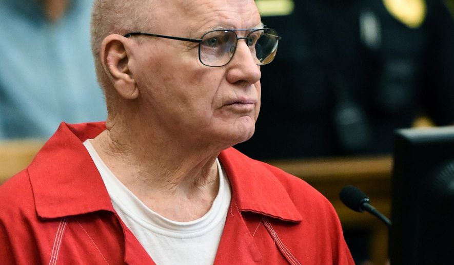 Philip Snider sits in court in Canton, Ohio Monday, Aug. 27, 2018. Snider, on Monday pleaded guilty to aggravated murder, gross abuse of a corpse and tampering with evidence in a Canton courtroom in exchange for a sentence of 20 years to life in prison and the promise that he’d lead authorities to where he dumped his 70-year-old wife’s body. Roberta Snider was reported missing in January. (Michael Balash/The Canton Repository via AP)