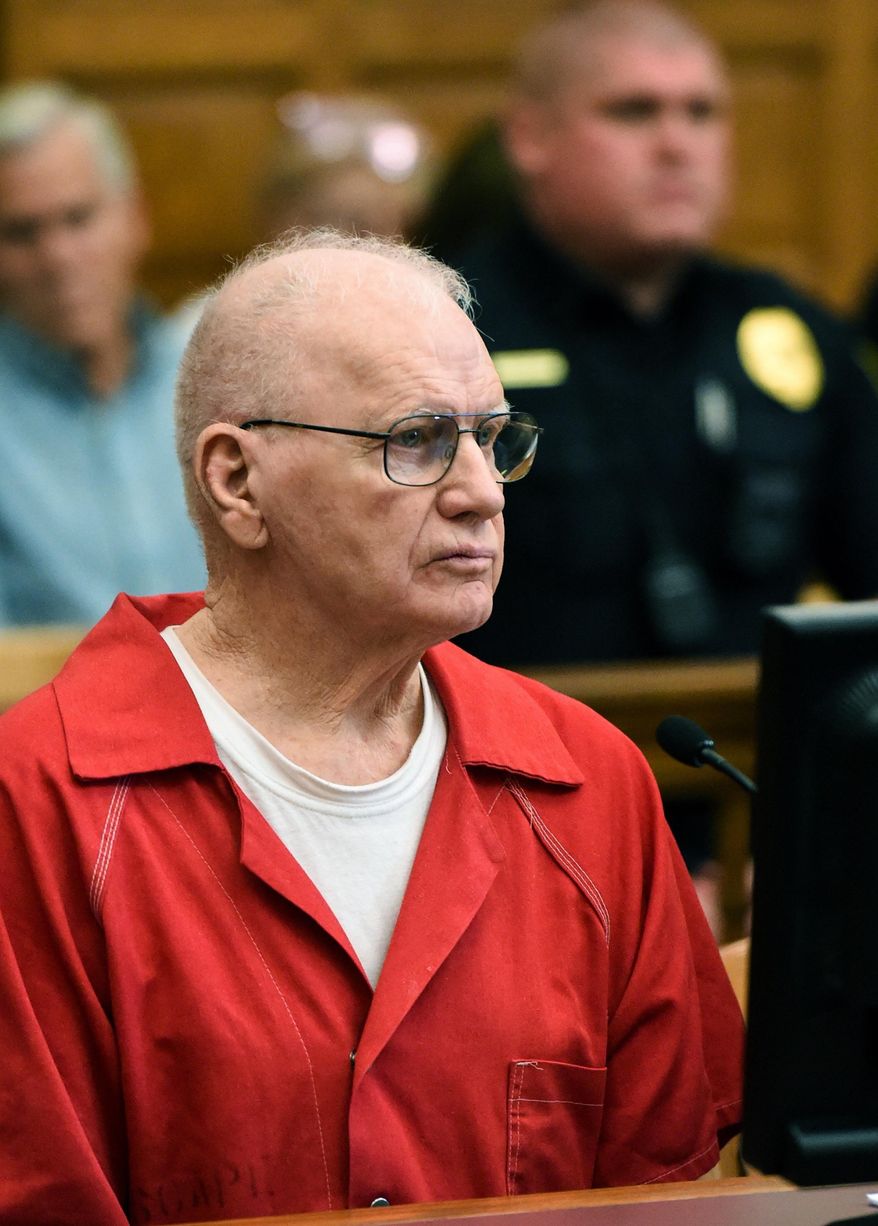 Philip Snider sits in court in Canton, Ohio Monday, Aug. 27, 2018. Snider, on Monday pleaded guilty to aggravated murder, gross abuse of a corpse and tampering with evidence in a Canton courtroom in exchange for a sentence of 20 years to life in prison and the promise that he’d lead authorities to where he dumped his 70-year-old wife’s body. Roberta Snider was reported missing in January. (Michael Balash/The Canton Repository via AP)