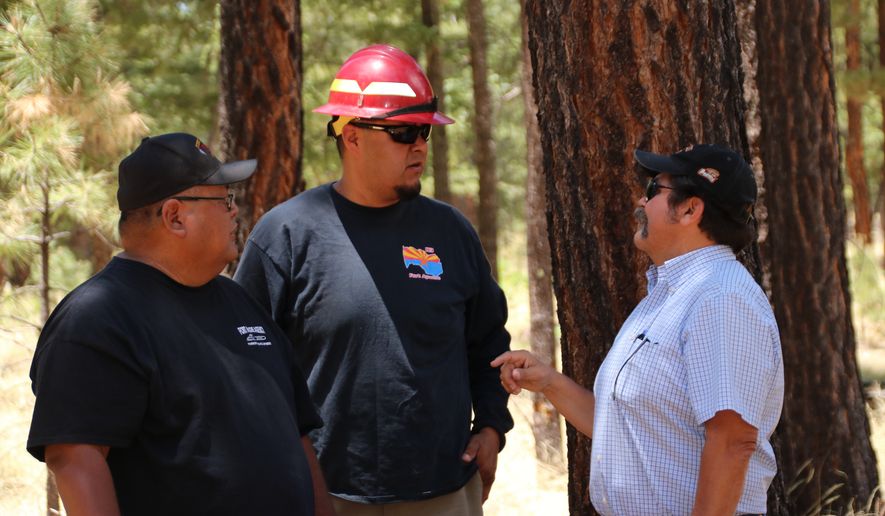 White Mountain Apache foresters Dino Manuel (left) and Logan Lawson (middle) work on reducing wildfire risk with James Jackson of the Bureau of Indian Affairs. (Photograph by Tony Attanasio)