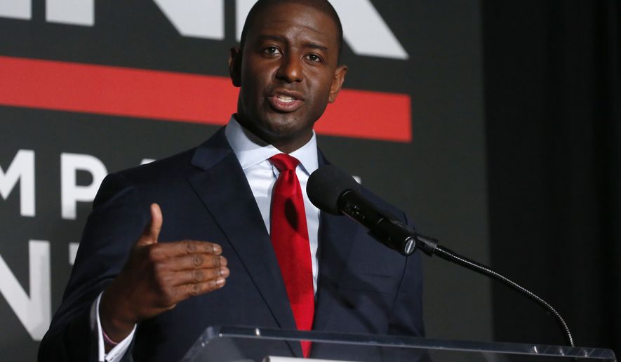 This July 18, 2018, file photo shows Tallahassee Mayor Andrew Gillum speaking during a Democratic gubernatorial debate held at Florida Gulf Coast University's Cohen Center in Fort Myers, Fla. The man who could become Florida’s first black governor on Sunday, Sept. 2, 2018, called on his opponent to refrain from name-calling and to focus on the issues. Gillum, was asked about comments Republican U.S. Rep. Ron DeSantis made after Tuesday’s primary. DeSantis said voters aren’t going to “monkey this up” by electing Gillum. (AP Photo/Wilfredo Lee) **FILE**