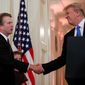 President Trump shares a hearty handshake with Judge Brett M. Kavanaugh, his Supreme Court nominee, in the White House on July 9, 2018. (Associated Press) ** FILE **
