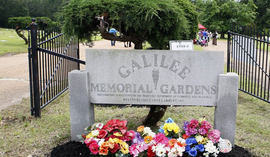 FILE - In this May 25, 2015, file photo, people visit Galilee Memorial Gardens cemetery near Memphis, Tenn. The Tennessee cemetery where caskets were crushed and stacked, remains were mishandled and bodies were lost, remains closed. But the dispute about who is to blame for the problems at the burial ground is still alive. Opening statements are scheduled Tuesday, Sept. 4, 2018, in the trial pitting relatives of about 1,200 dead people against funeral homes accused of sending bodies to Galilee after the cemetery lost its registration in December 2010. (AP Photo/Karen Pulfer Focht, File)