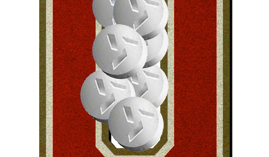 Illustration on laws mandating RU-486 availability in State University Systems by Alexander Hunter/The Washington Times