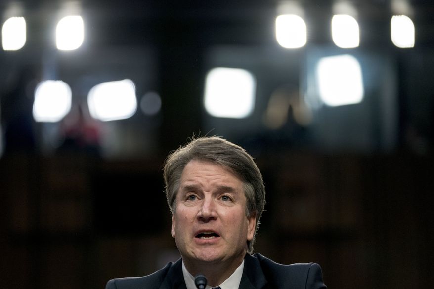 President Donald Trump's Supreme Court nominee, Brett Kavanaugh, a federal appeals court judge, speaks before the Senate Judiciary Committee on Capitol Hill in Washington, Tuesday, Sept. 4, 2018, to begin his confirmation to replace retired Justice Anthony Kennedy. (AP Photo/Andrew Harnik)
