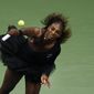 Serena Williams, of the United States, serves to Karolina Pliskova, of the Czech Republic, during the quarterfinals of the U.S. Open tennis tournament, Tuesday, Sept. 4, 2018, in New York. (AP Photo/Jason DeCrow)