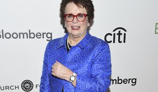 FILE - In this Sept. 19, 2017 file photo, tennis great Billie Jean King attends a special screening of Fox Searchlight&#39;s &amp;quot;Battle of the Sexes&amp;quot; in New York. The New-York Historical Society announced Tuesday, Sept. 4, 2018, that a photo exhibit, “Billie Jean King: The Road to 75,” will run from Oct. 19 through Jan. 27, 2019. The exhibit will feature photographs from her storied life and career as player and activist.  (Photo by Evan Agostini/Invision/AP, File)