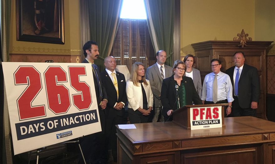 House Democratic floor leader Christine Greig, of Farmington Hills, speaks while other House Democrats look on during a news conference, Tuesday, Sept. 4, 2018, in the state Capitol in Lansing, Mich. Democrats accuse majority Republicans of "inaction" on the contamination of tap water with old industrial chemicals, a charge the GOP denies. (AP Photo/David Eggert)