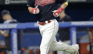 Cleveland Indians&#39; Jason Kipnis runs the bases after hitting a solo home run off Tampa Bay Rays relief pitcher Chaz Roe in the ninth inning of a baseball game, Saturday, Sept. 1, 2018, in Cleveland. The Rays won 5-3. (AP Photo/Tony Dejak)