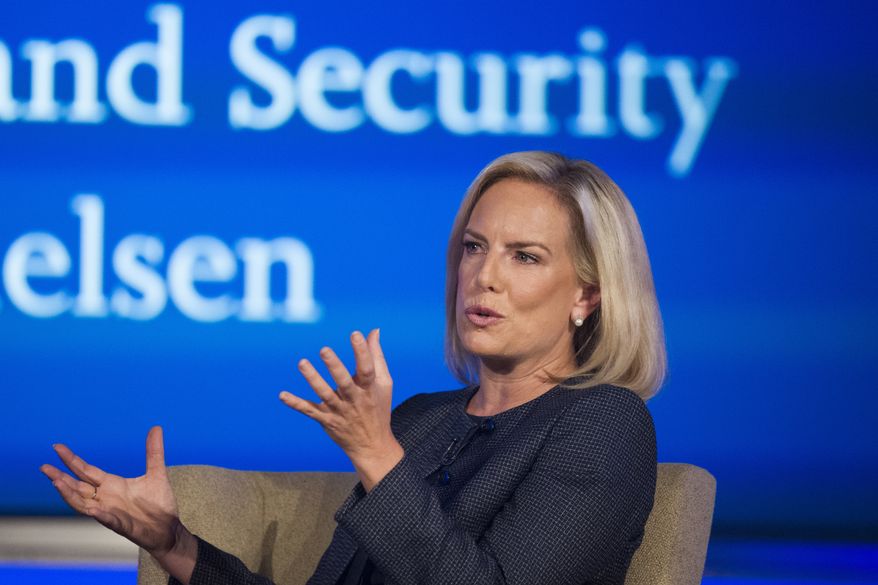 Secretary of Homeland Security Kirstjen Nielsen speaks to George Washington University's Center for Cyber and Homeland Security, in Washington, Wednesday, Sept. 5, 2018. Nielsen lays out her vision for the sprawling department, as midterm elections loom amid persistent threats of hacking and the immigration debate continues to rage. (AP Photo/Cliff Owen)