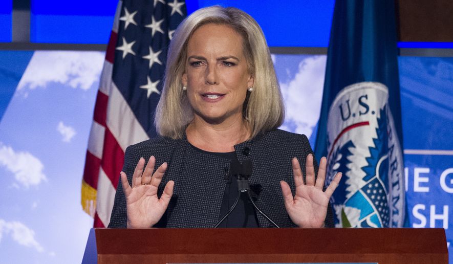 Secretary of Homeland Security Kirstjen Nielsen speaks to George Washington University&#39;s Center for Cyber and Homeland Security, in Washington, Wednesday, Sept. 5, 2018. Nielsen lays out her vision for the sprawling department, as midterm elections loom amid persistent threats of hacking and the immigration debate continues to rage. (AP Photo/Cliff Owen)