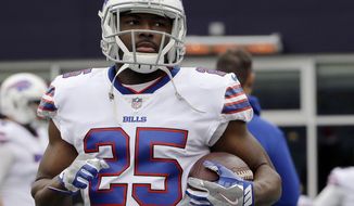 FILE - In this Sunday, Dec. 24, 2017 file photo, Buffalo Bills running back LeSean McCoy warms up before an NFL football game against the New England Patriots in Foxborough, Mass. The more skepticism LeSean McCoy hears over whether he can maintain his production at the age of 30, the better the Buffalo Bills running back feels. McCoy is using the questions as motivation in preparing to open his 10th NFL season on Sunday, Sept. 9, 2018 when the Bills play at Baltimore. (AP Photo/Steven Senne, File)